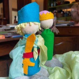 Handmade knight puppet for storytelling during a Michaelmas celebration
